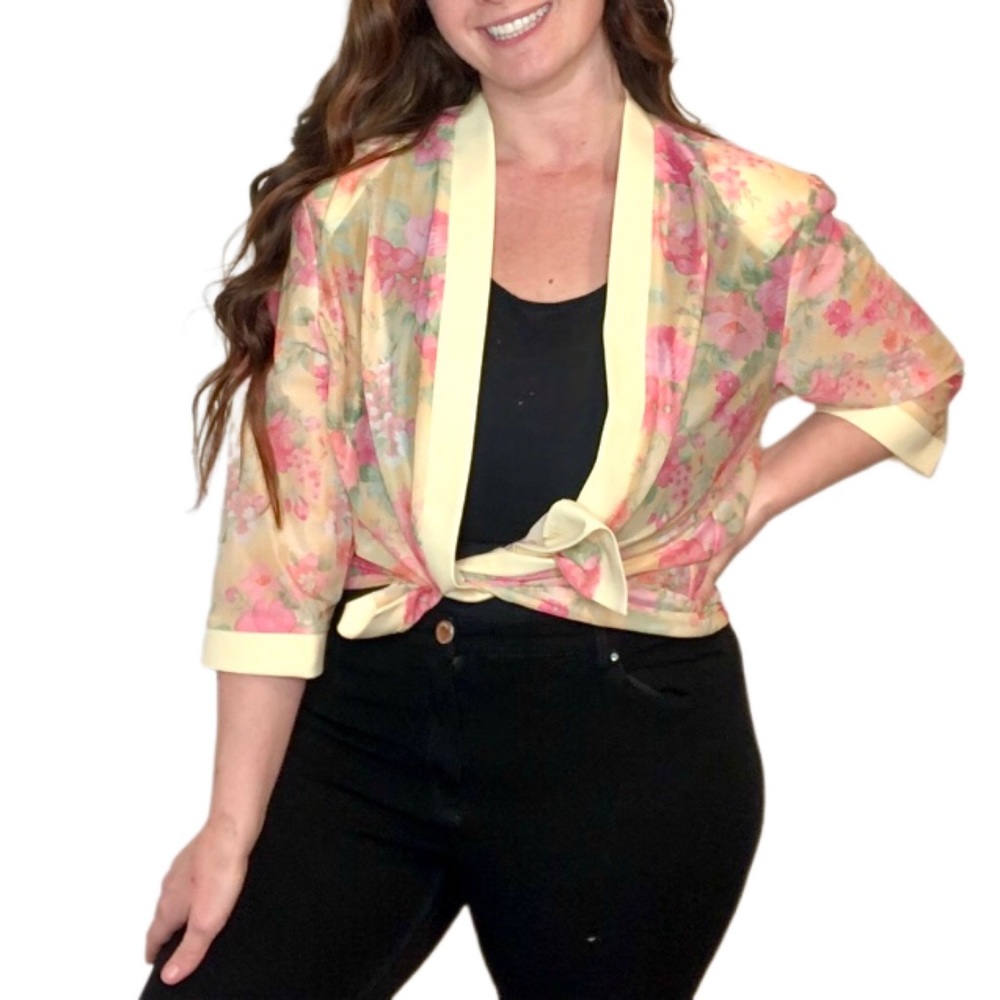 EASTER 80s Floral Butter Yellow Pink Green Romantic Sheer Easter Top L/XL